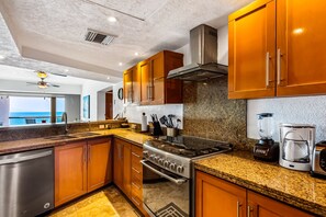 Fridge, microwave, oven, stovetop - Beachfront 4th-floor condo with views, outdoor pool, balcony, W/D & central AC (Nuevo Vallarta)