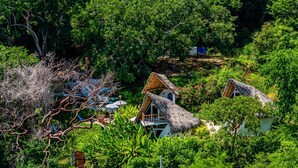 A thatched-roof bungalow surrounded by lush greenery and a clear sky. - Coastal Couples Retreat | Plunge Pool + Hammocks (La Culebra)