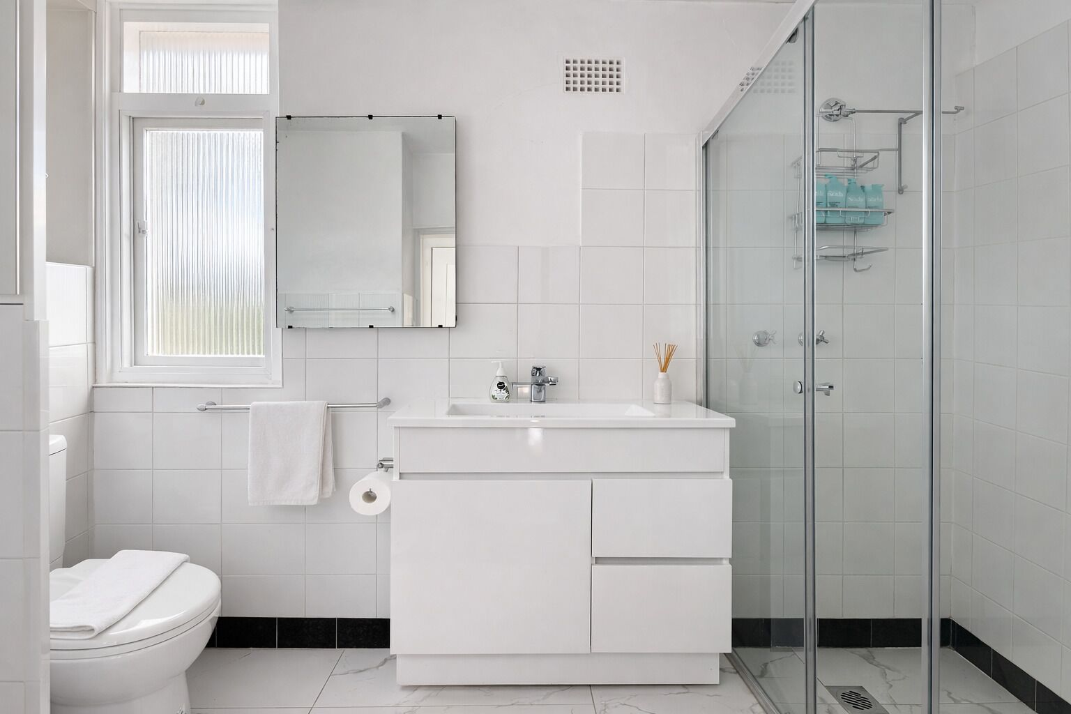 Hair dryer, towels, toilet paper
