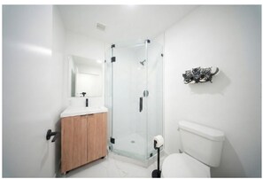 Douche, sèche-cheveux, serviettes fournies, savon