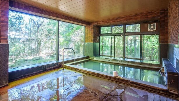 A spa area with a glass-enclosed hot tub, large windows, and a view of the forest. - Kozuka Hisanoha (Hakone)