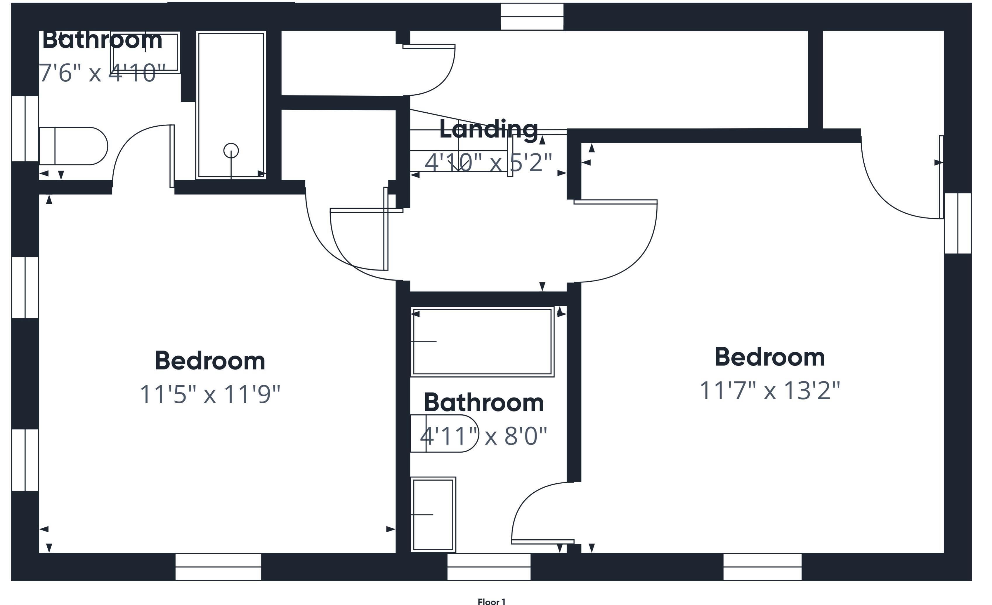 Un plan d’étage comprenant deux chambres, deux salles de bain et un espace de circulation.