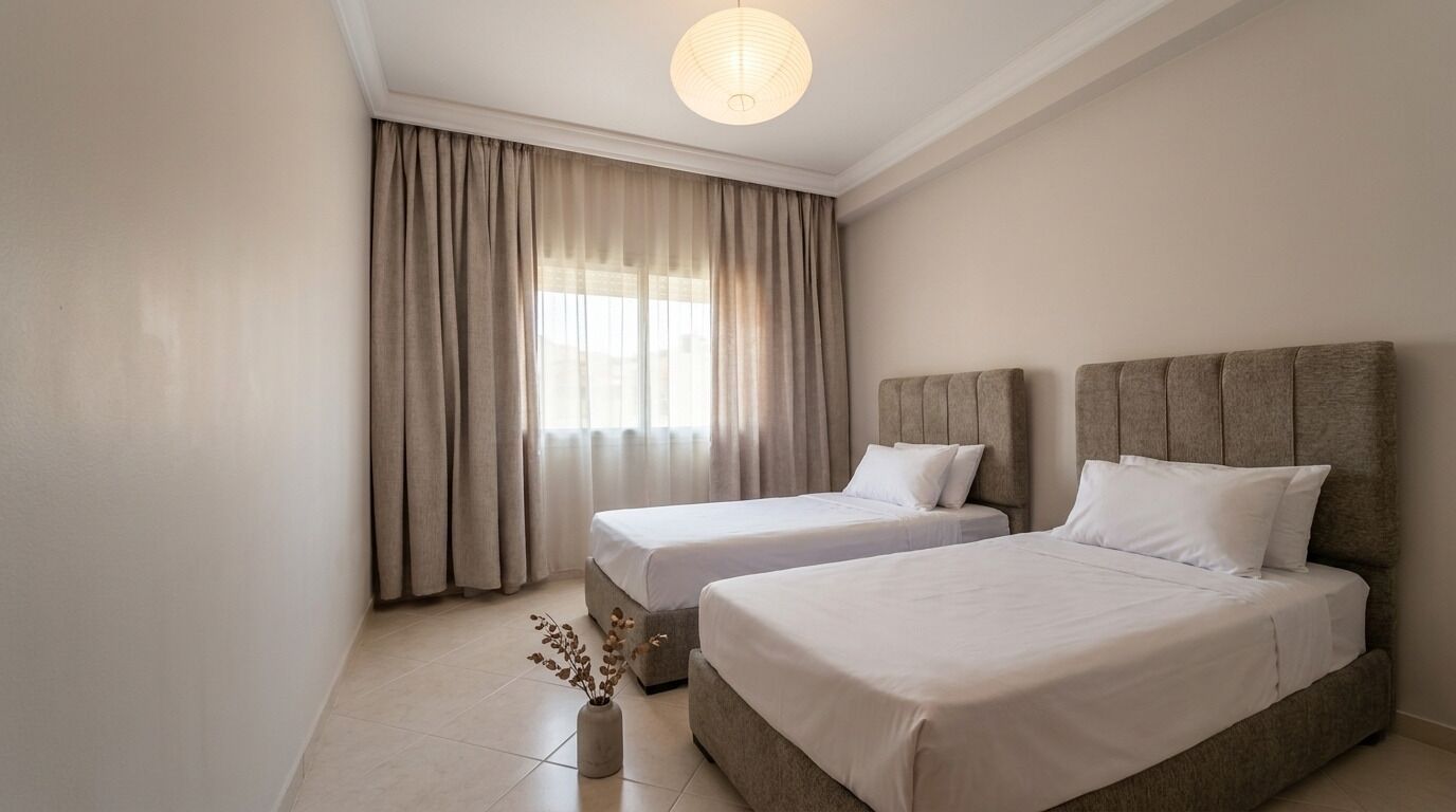 Une chambre d’hôtel avec deux lits, une grande fenêtre avec des rideaux, un vase contenant des fleurs séchées et un luminaire au plafond.