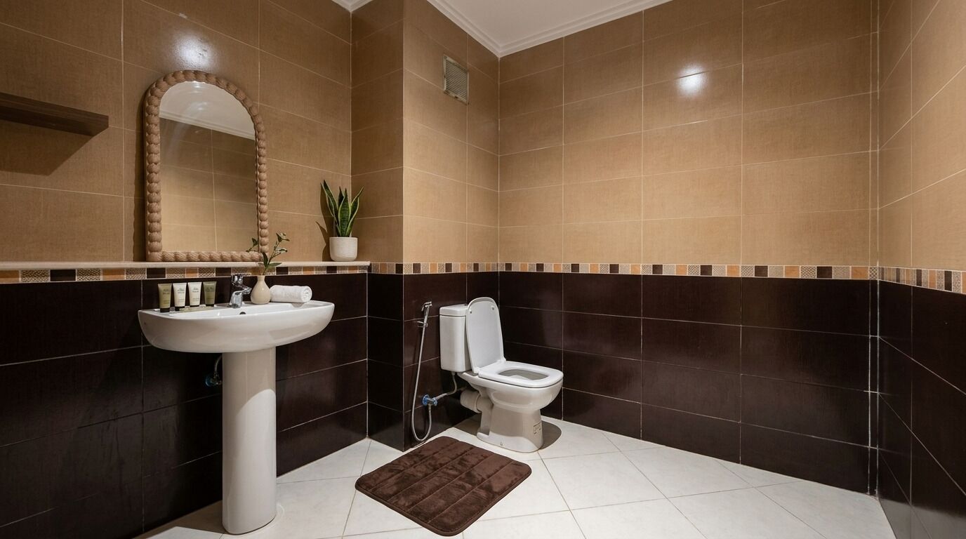 A bathroom with a white sink, a toilet, and a mirror. There is a brown rug on the floor.