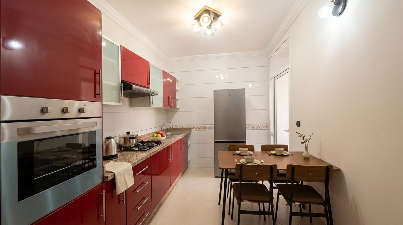 Una cocina con armarios rojos, un horno de acero inoxidable, una estufa a gas y una mesa de comedor con sillas.