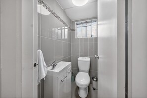 Shower, hair dryer, shampoo