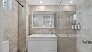 Shower, hair dryer, shampoo