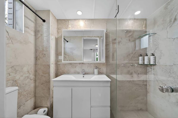 Shower, hair dryer, shampoo