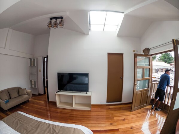 Una habitación amplia con una gran televisión de pantalla plana, un sofá, piso de madera, una lámpara en el techo y una puerta que da al exterior.