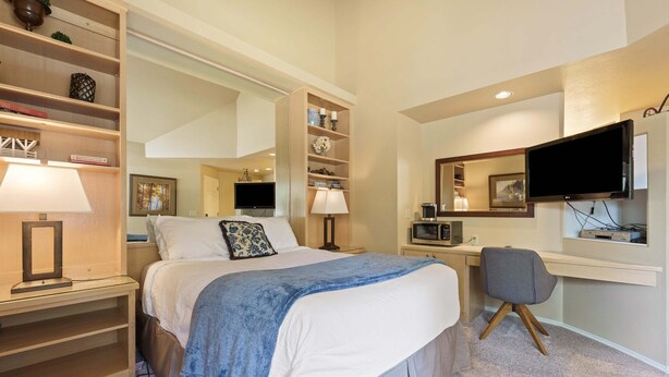 Habitación de hotel con cama, mesitas de noche, escritorio, silla, televisor, espejo y estanterías empotradas.