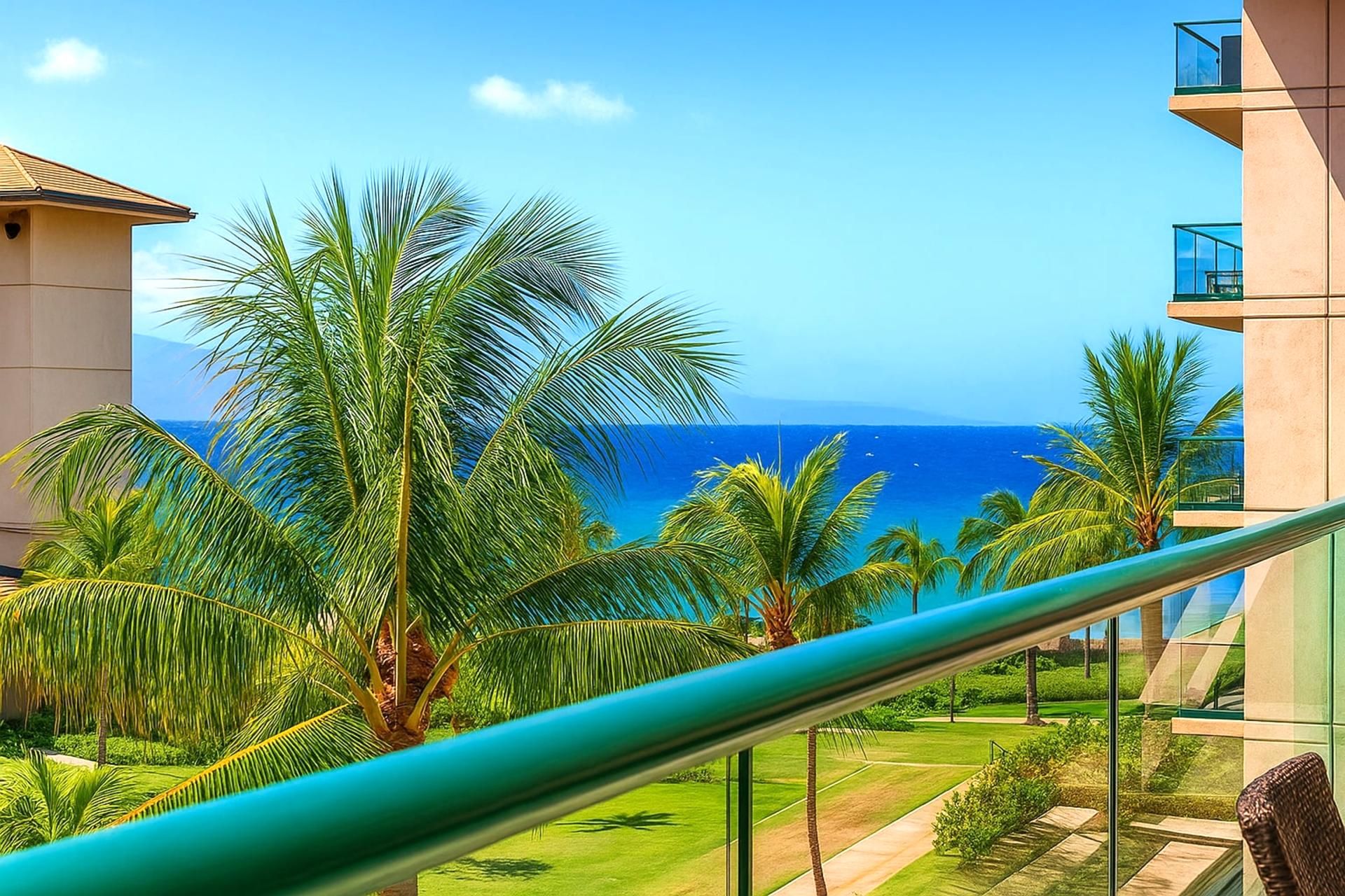 A balcony with a view of the ocean and palm trees.