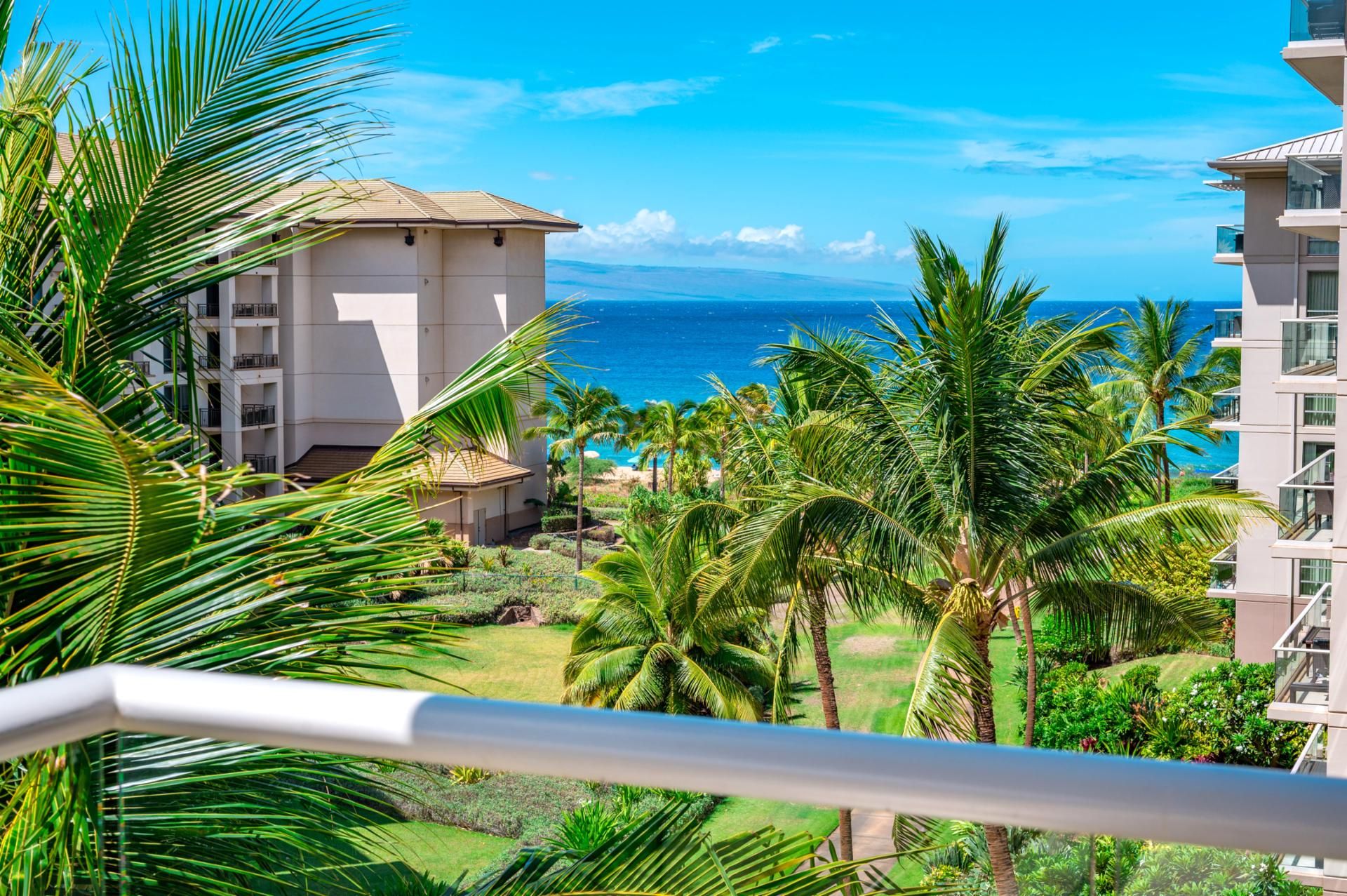 A resort with a view of the ocean, palm trees, and a building with multiple balconies.