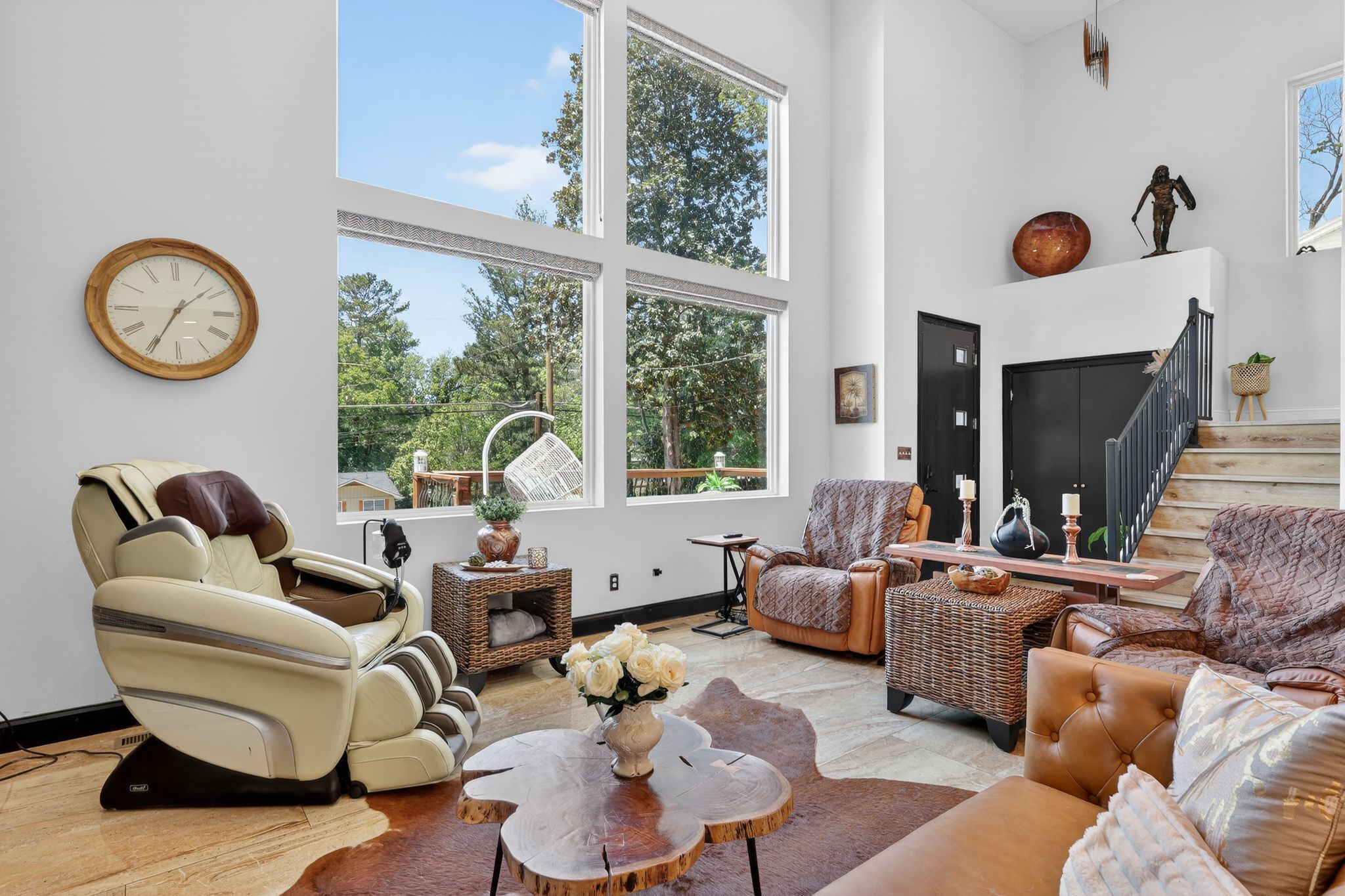 TV, fireplace, books, offices