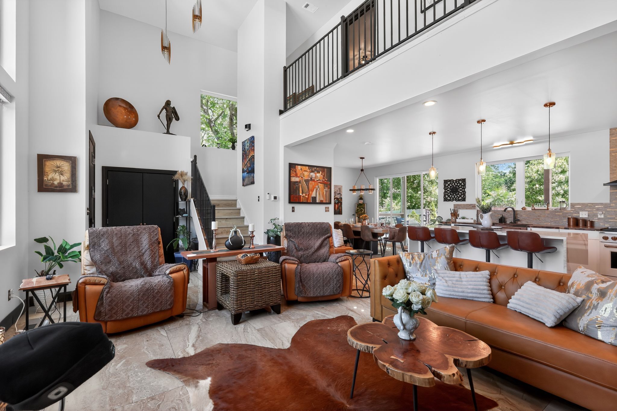 TV, fireplace, books, offices