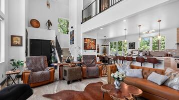 TV, fireplace, books, offices