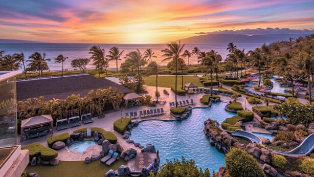 A resort with a pool area, lounge chairs, and palm trees. - Honua Kai | Ocean View 9 BR, Sleeps 26 | Car Incl. w/ 6+ Nights | HKH ML-3113 by KBM (Lahaina)