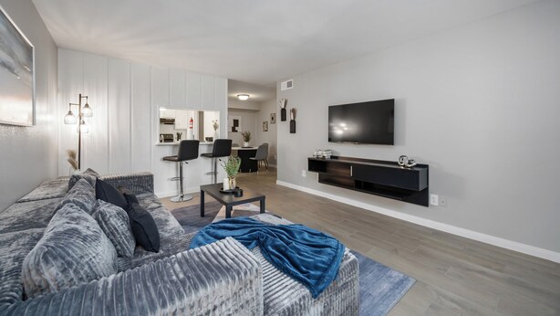 Un salon moderne avec un canapé, une table basse et un téléviseur. On aperçoit un coin cuisine au fond.