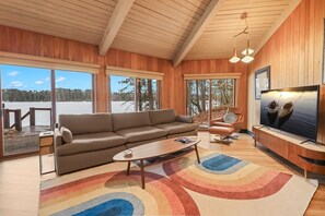 Smart TV, fireplace, books