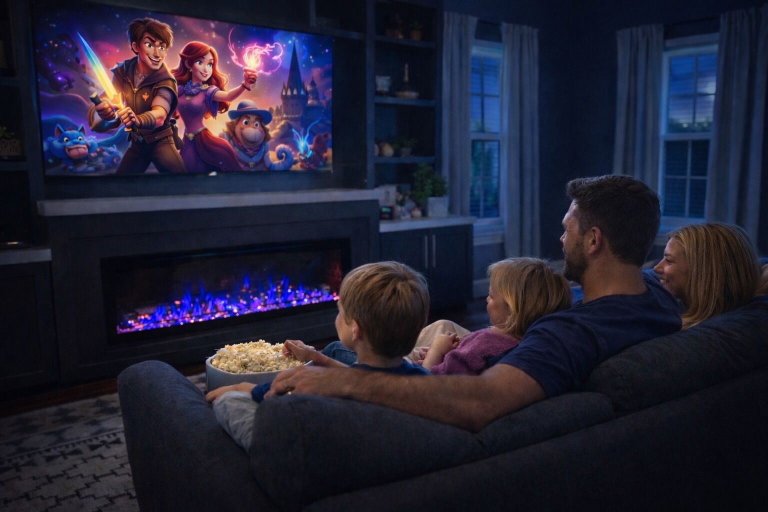 Una familia mirando la televisión en una sala de estar con chimenea.
