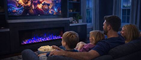 Una familia mirando la televisión en una sala de estar con chimenea.