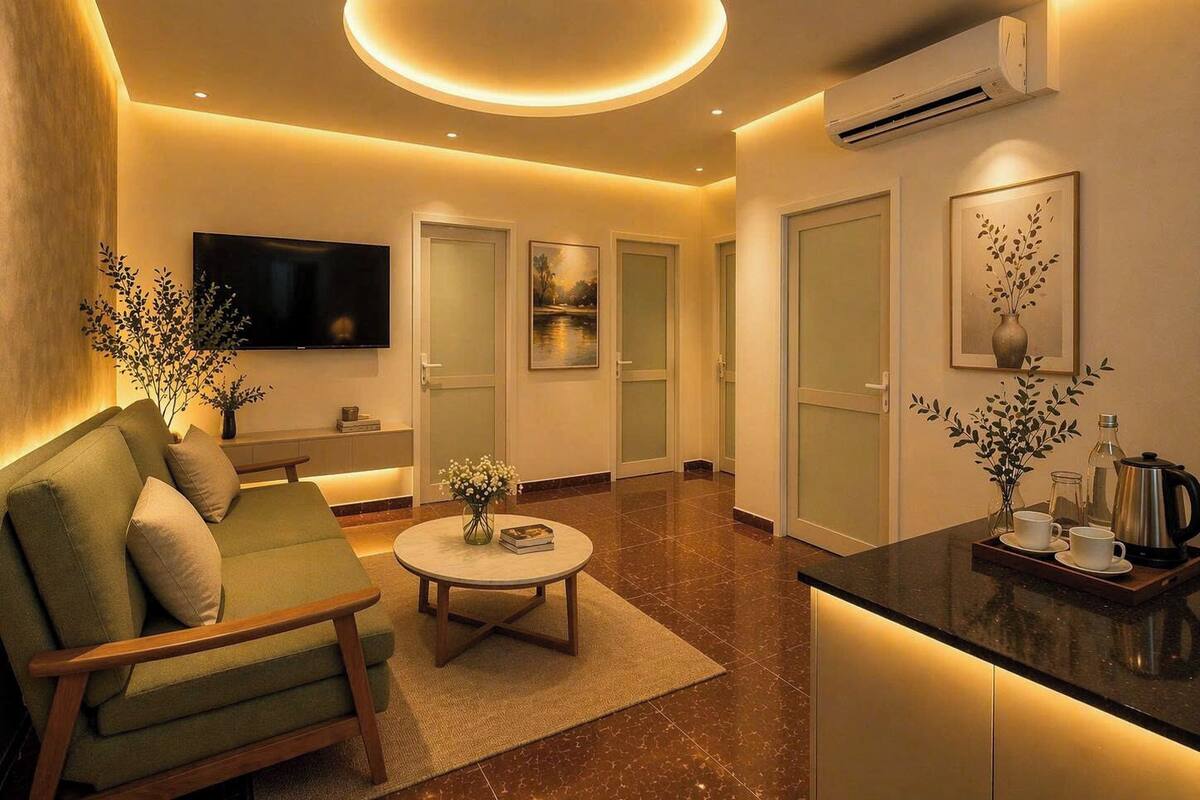 A modern living room with a sofa, a coffee table, a flat-screen TV, and a kitchen area with a countertop and appliances.