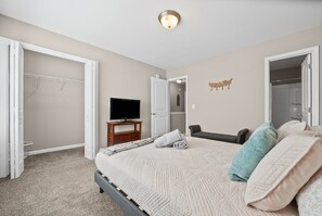 A bedroom with a bed, a television, a closet, and a door leading to another room.