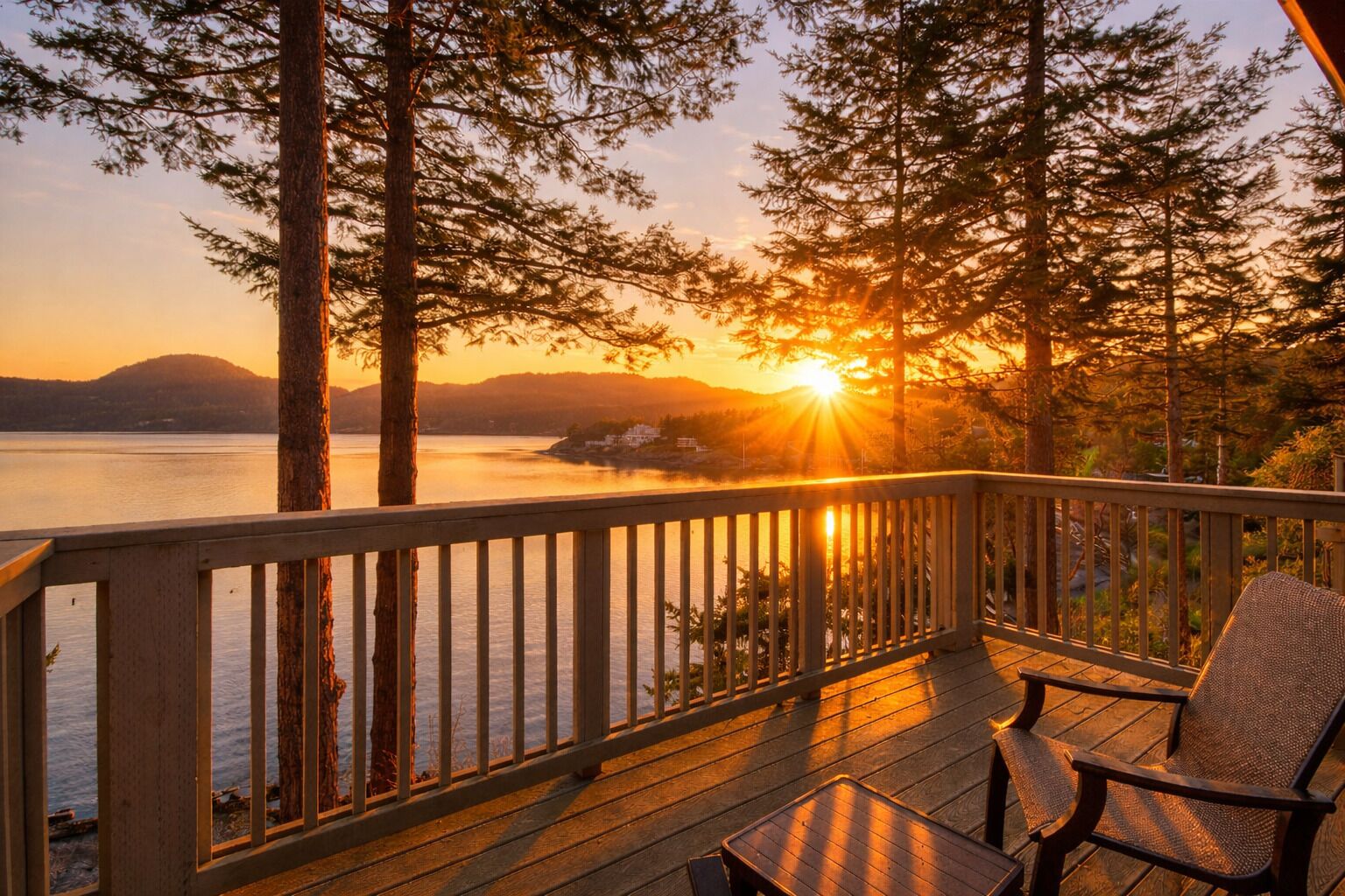 Puinen terassi, jossa on kaide, ja josta avautuu näkymä järvelle ja auringonlaskuun.