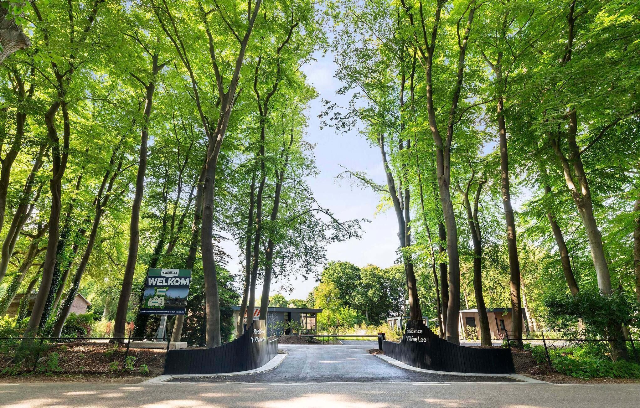 A residential area with a welcoming sign, a paved entrance, and tall trees.
