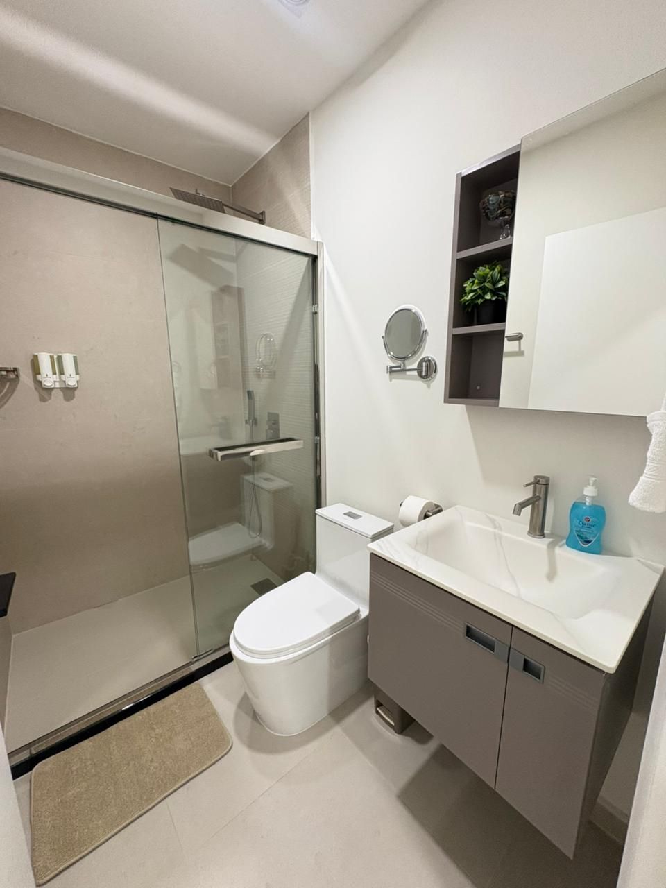 A modern bathroom with a glass-enclosed shower, a white toilet, a sink with a mirror, and a small shelf with toiletries.