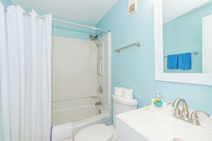 Hair dryer, towels, soap, toilet paper