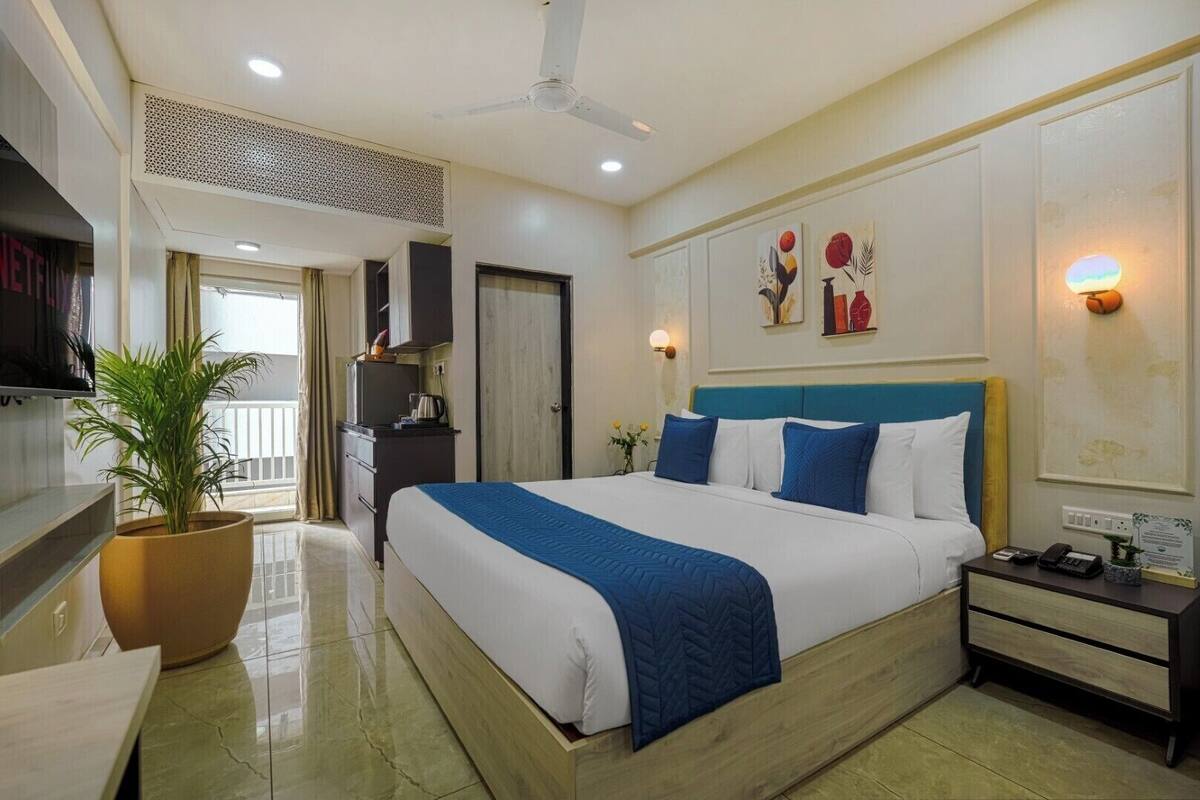 A hotel room with a bed, bedside table, TV, potted plant, and a view of the outside.
