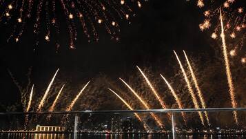Fireworks over a body of water with a cityscape in the background.