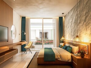 Deluxe tweepersoonskamer, balkon | Een kluis op de kamer, verduisterende gordijnen