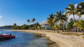 Ein Strand mit einem Boot, Palmen und einem großen Haus.