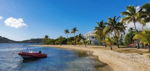 A beach with a boat, palm trees, and a large house. - Coconest, Comfortable Duplex on the beach (Baie Nettlé)