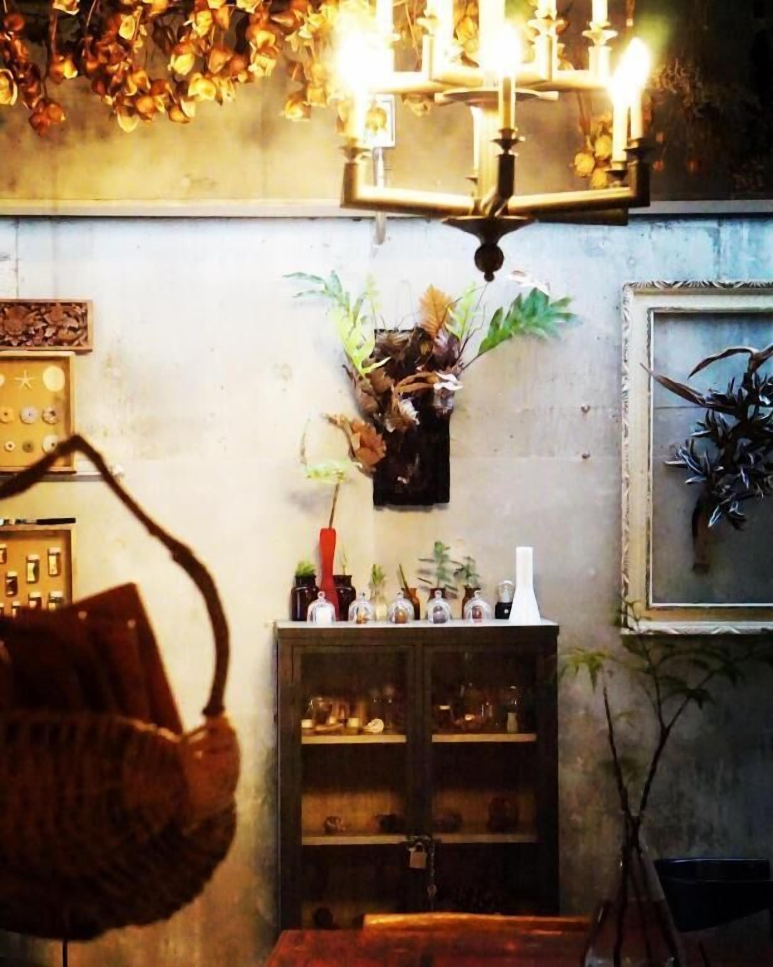 A room with a chandelier, a cabinet with glassware, and a plant on the wall.