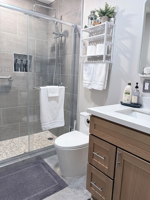 Shower, hair dryer, towels, soap