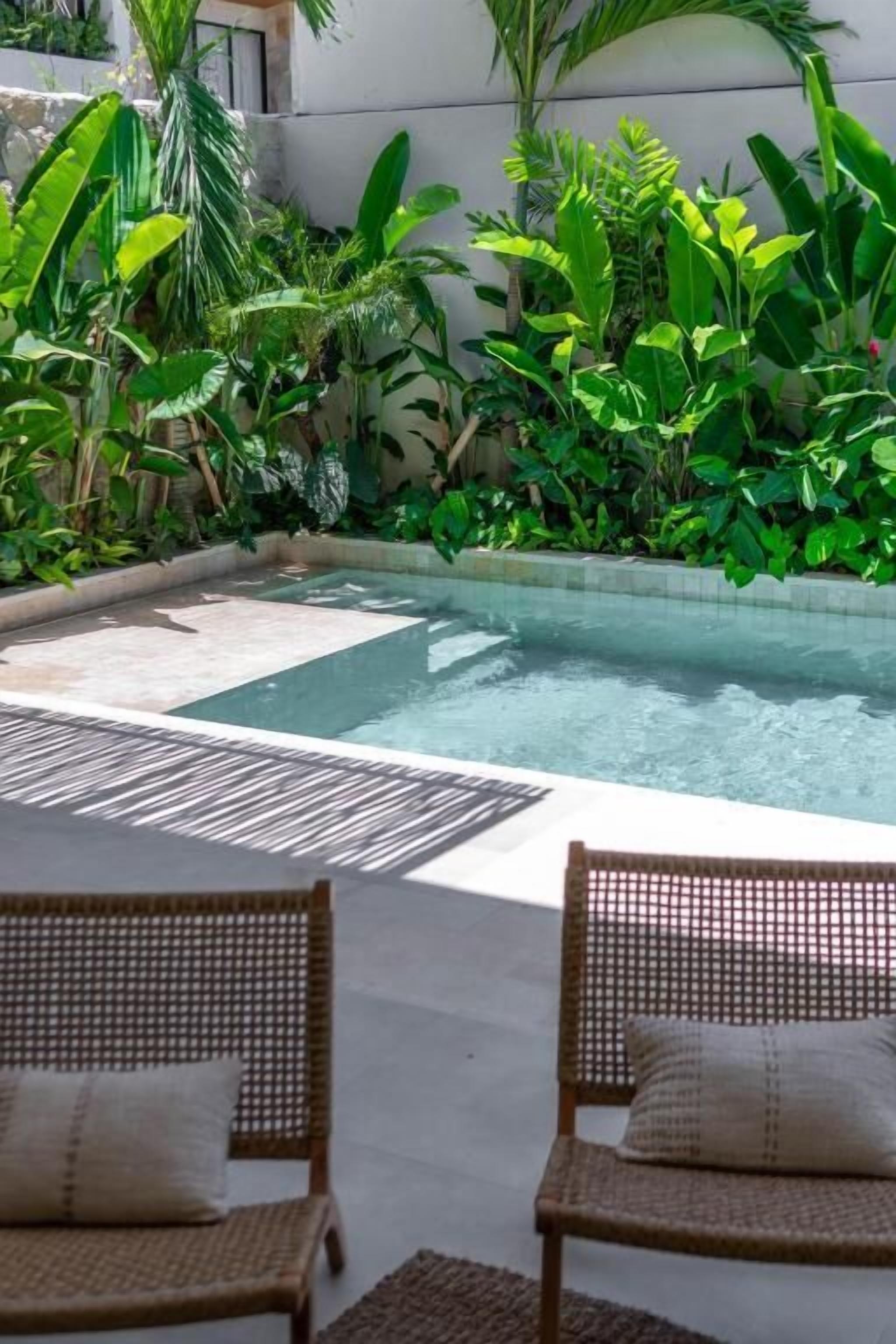 A pool area with two wicker chairs and lush greenery.