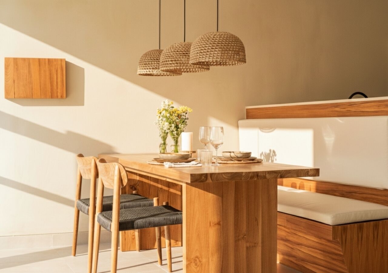 A modern dining area with a wooden table, chairs, and a bench.