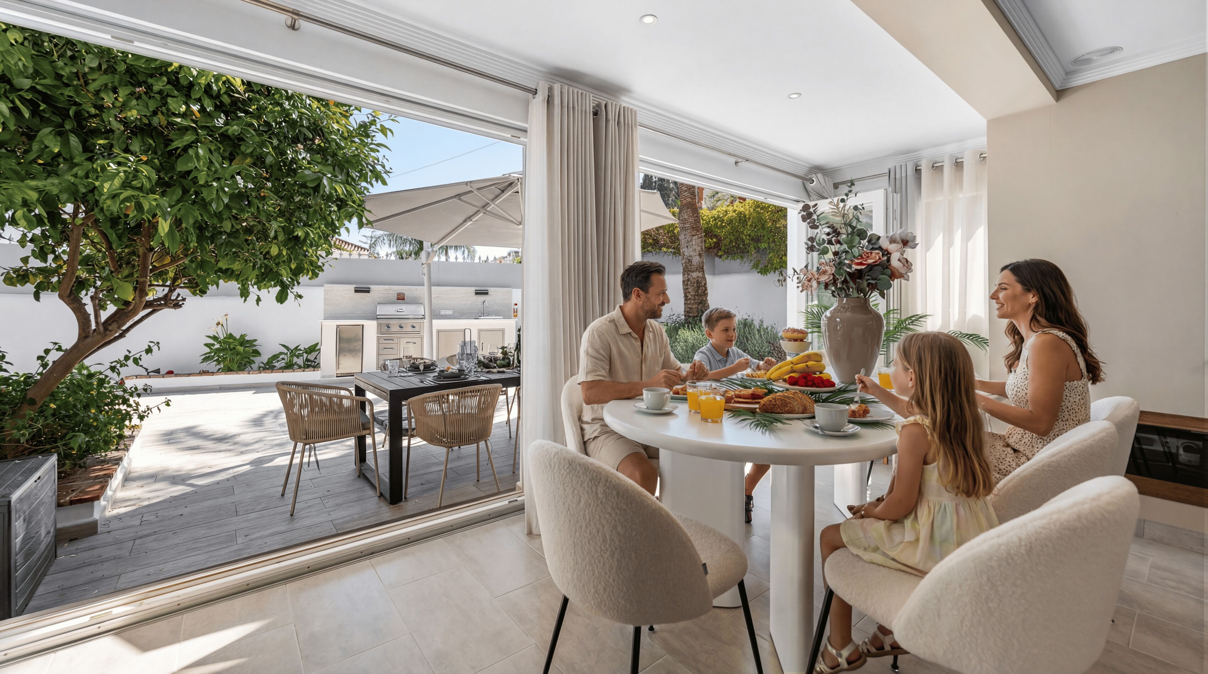 A dining area with a table set for four, a kitchen in the background, and a view of the outdoors.