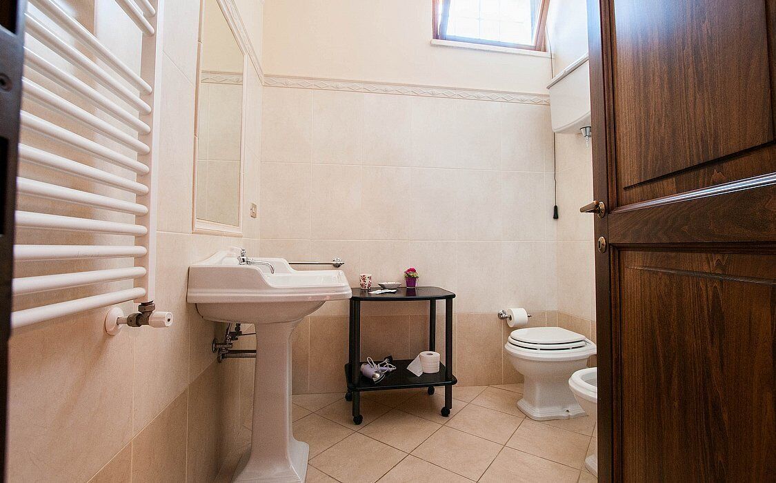 A bathroom with a pedestal sink, a small black shelf with toiletries, a toilet, and a wooden door.