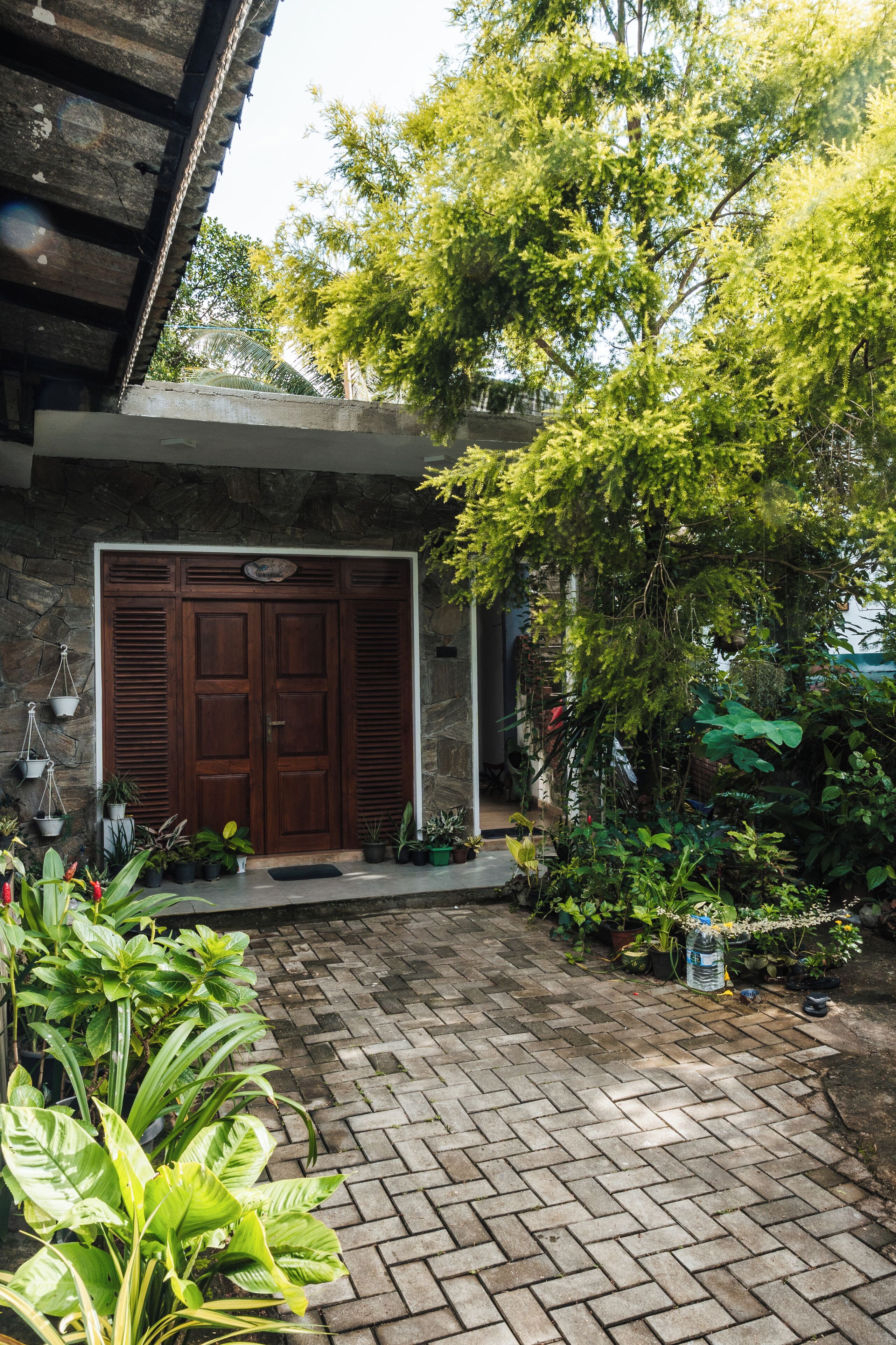 A stone building with a wooden door, potted plants, and a brick pathway.