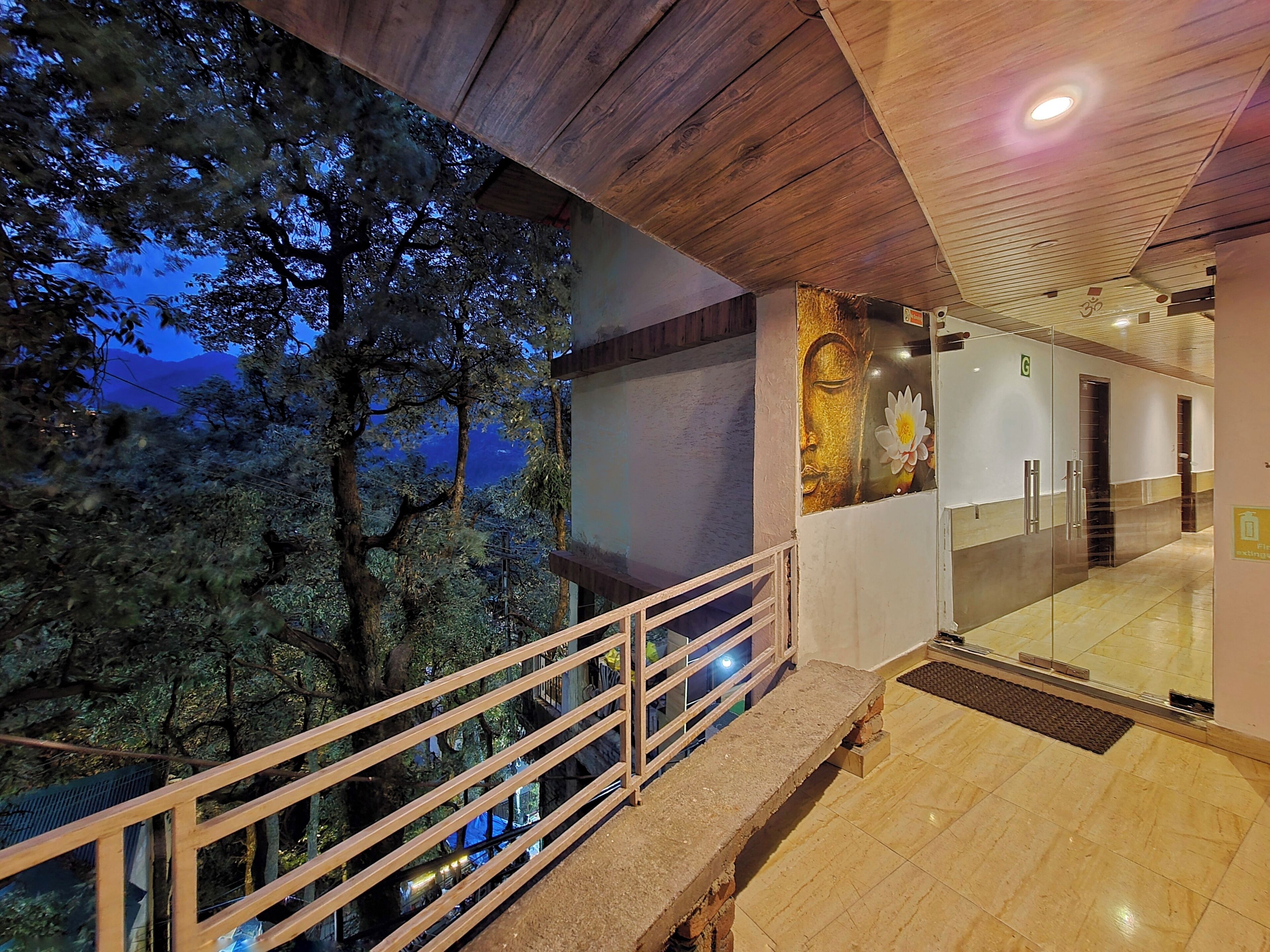 A hotel corridor with a glass wall, wooden ceiling, and a view of trees.