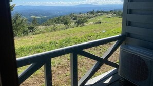 A view from a balcony with a railing, overlooking a grassy landscape and distant mountains under a clear sky. - Lodge Cowbell (Takko)