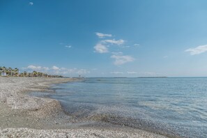 Ein Strand mit klarem Wasser, Kieselsteinen und in der Ferne Palmen.