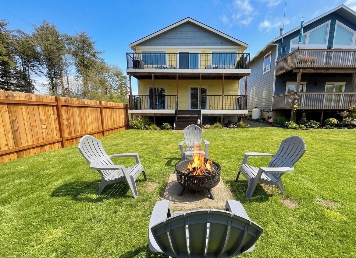 A two-story house with a fire pit in the backyard, surrounded by Adirondack chairs.