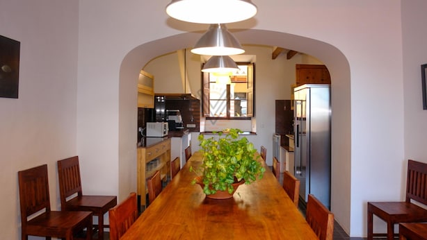 Un lungo tavolo da pranzo in legno con sedie, una pianta in vaso e una cucina sullo sfondo.