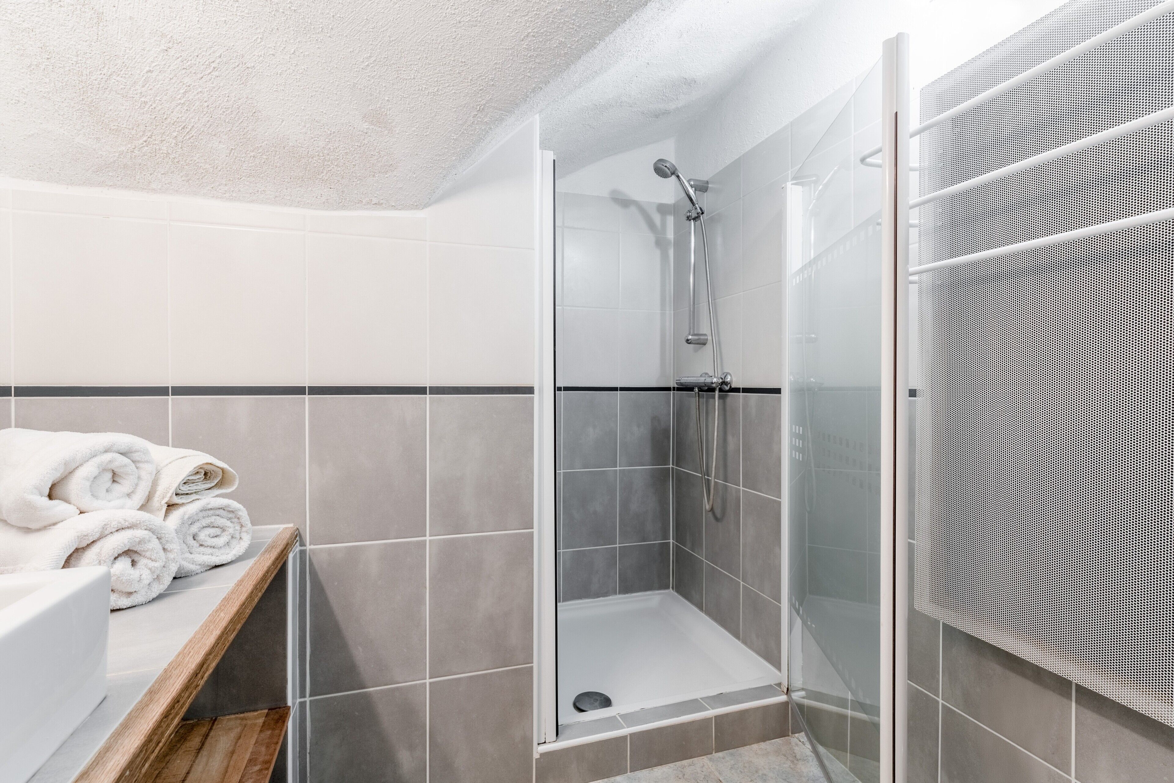 Shower, hair dryer, towels
