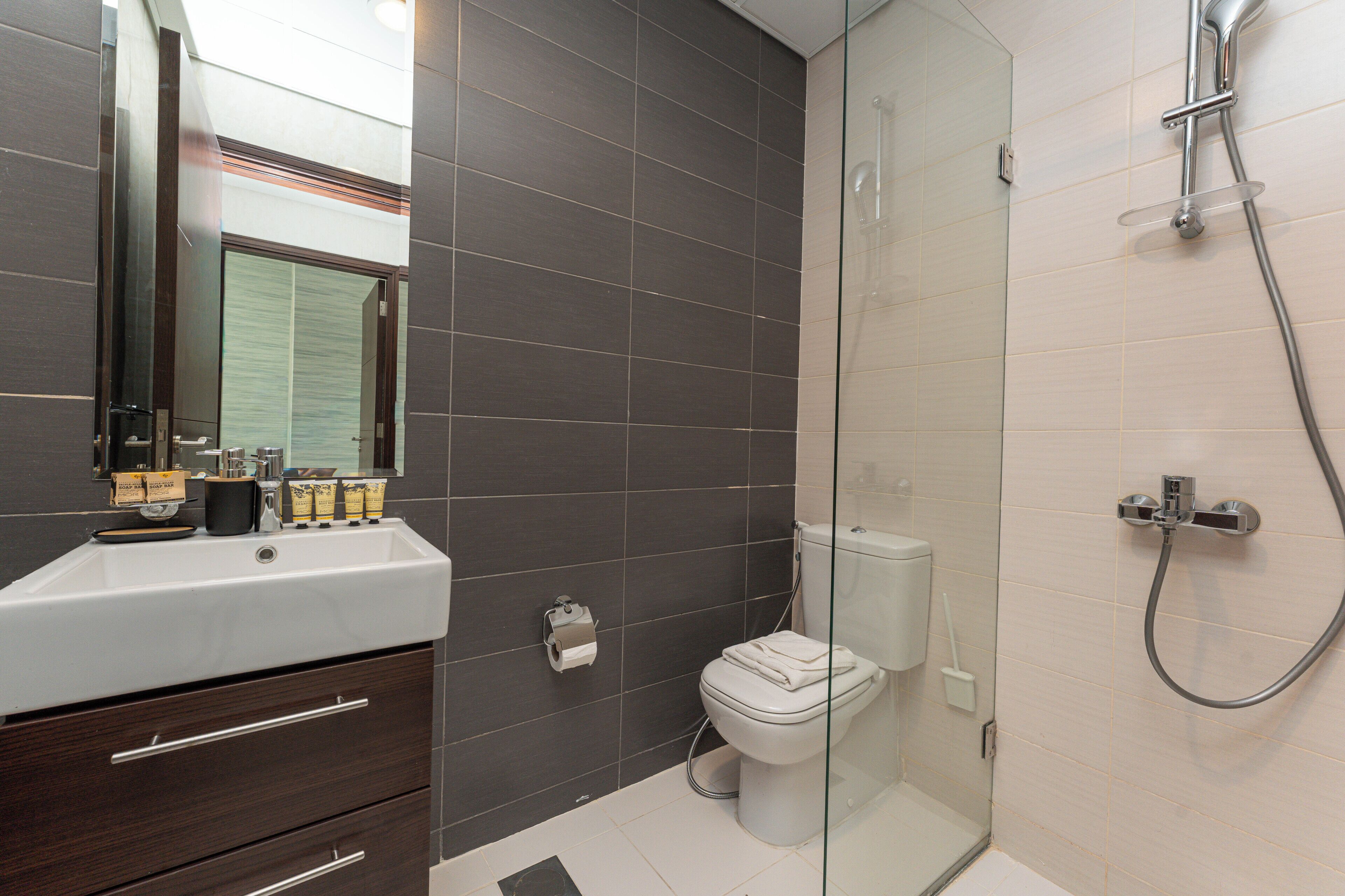 A modern bathroom with a glass shower enclosure, a white sink with a mirror, and a toilet.