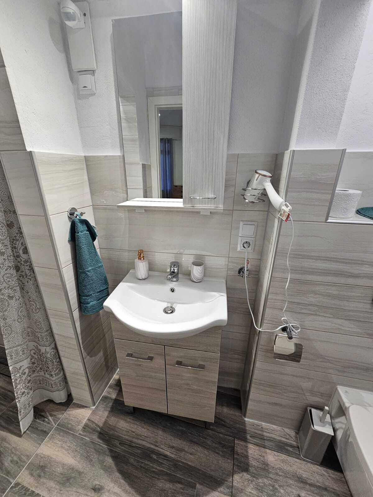 A bathroom with a sink, mirror, towel rack, and a handheld showerhead.
